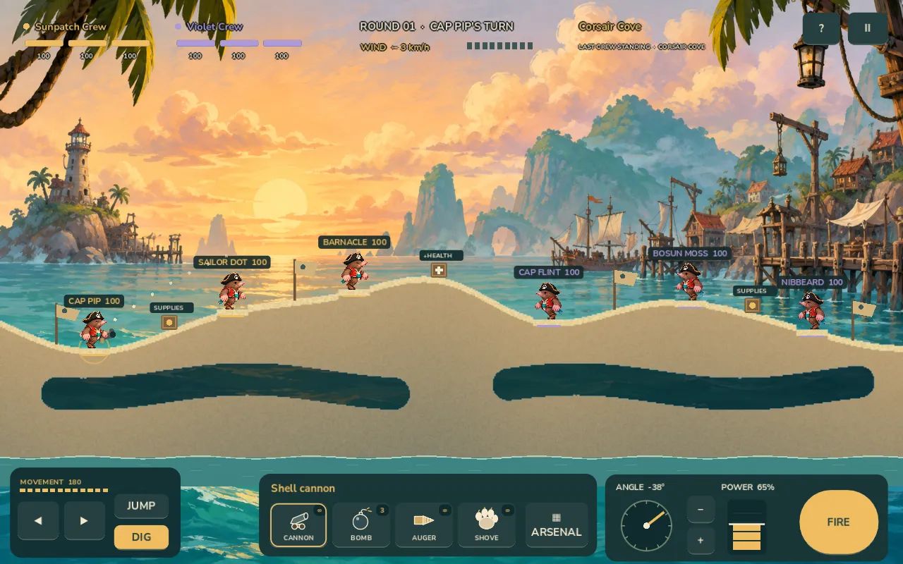 A pirate-themed match in progress